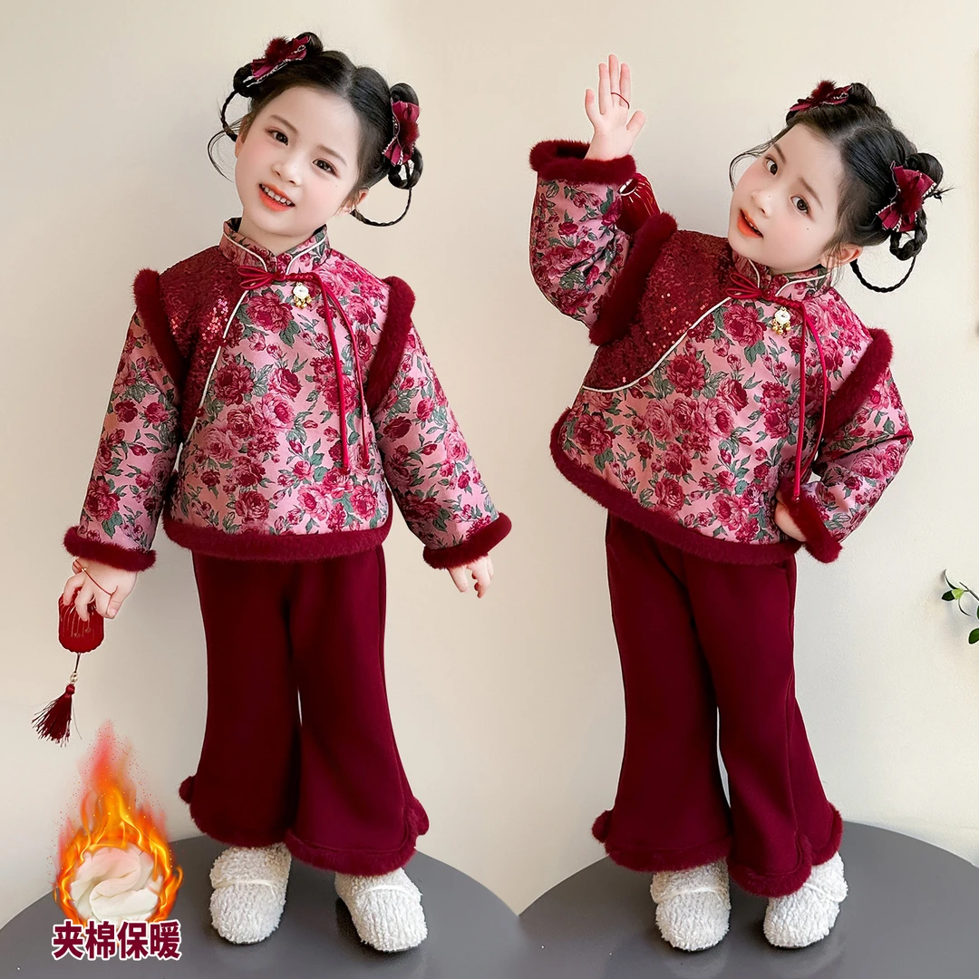 玫瑰拜年服女童汉服加绒套装冬款儿童国风唐装过年服女宝中式礼服