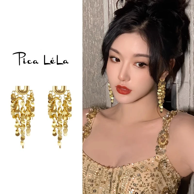 铜合金耳饰 金色小众流苏耳环轻奢高级大气夸张气质耳坠新款耳钉