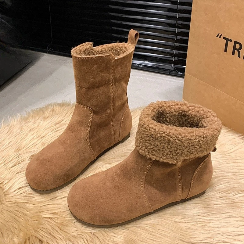 雪地棉靴女大头丑萌面包鞋翻领两穿博肯鞋磨砂复古加绒平底棉靴