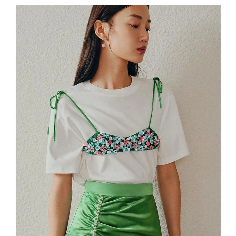 MAXRIENY白色百搭休闲T恤纯色绿色便携夏季单肩沙滩女士薄荷曼波