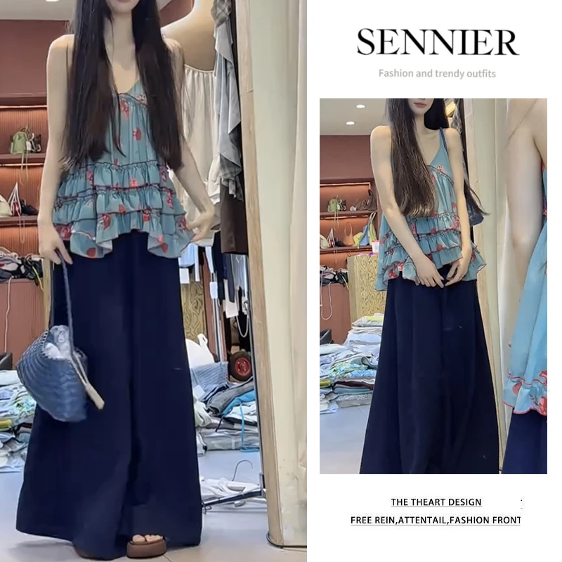 时尚穿搭女2025夏季新款设计感荷叶边印花吊带上衣阔腿裤两件套装