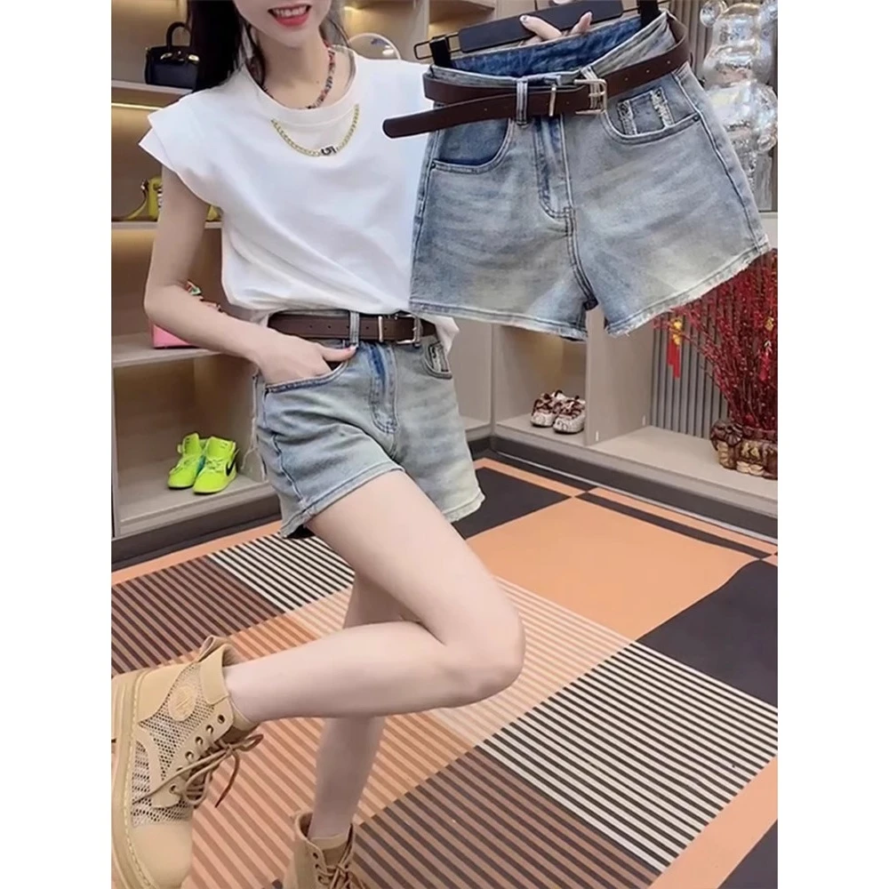 水洗高腰棉牛仔短裤2025年夏季新款薄款怀旧色A字阔腿毛边热裤女