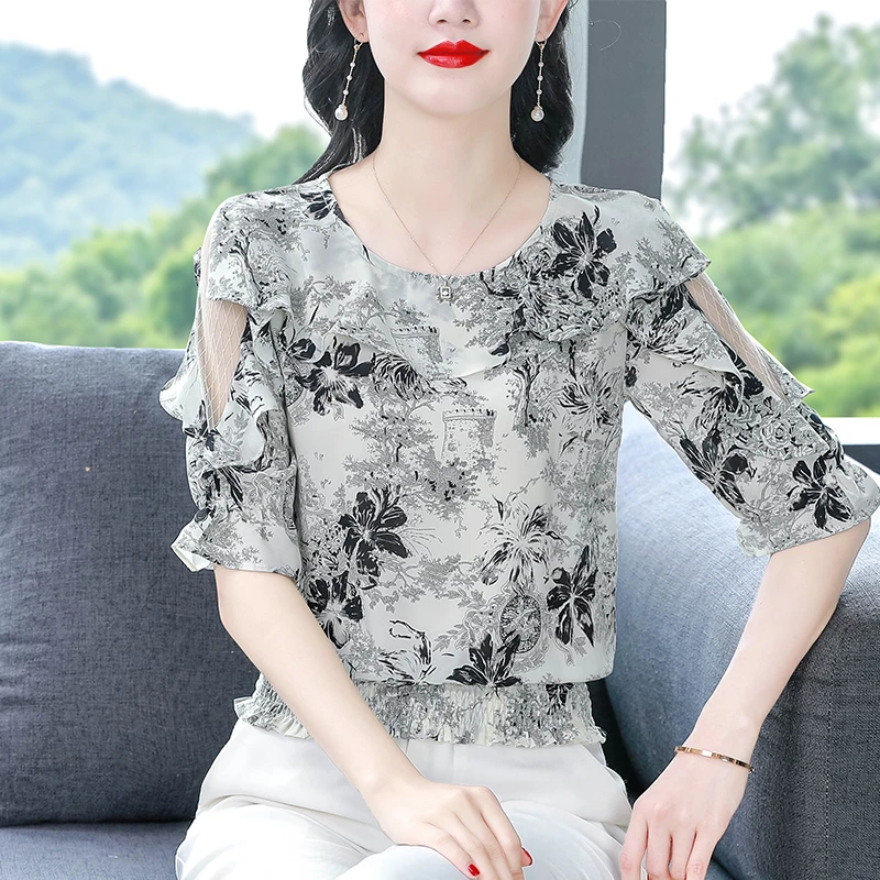 水墨印花雪纺衫女士夏季荷叶边洋气减龄妈妈小衫气质遮肚显瘦上衣