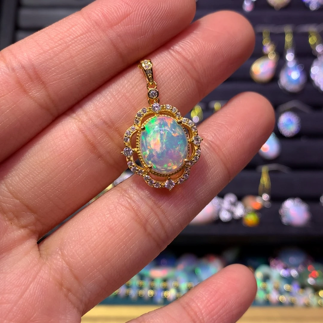 欧泊银S925镀金镶嵌吊坠