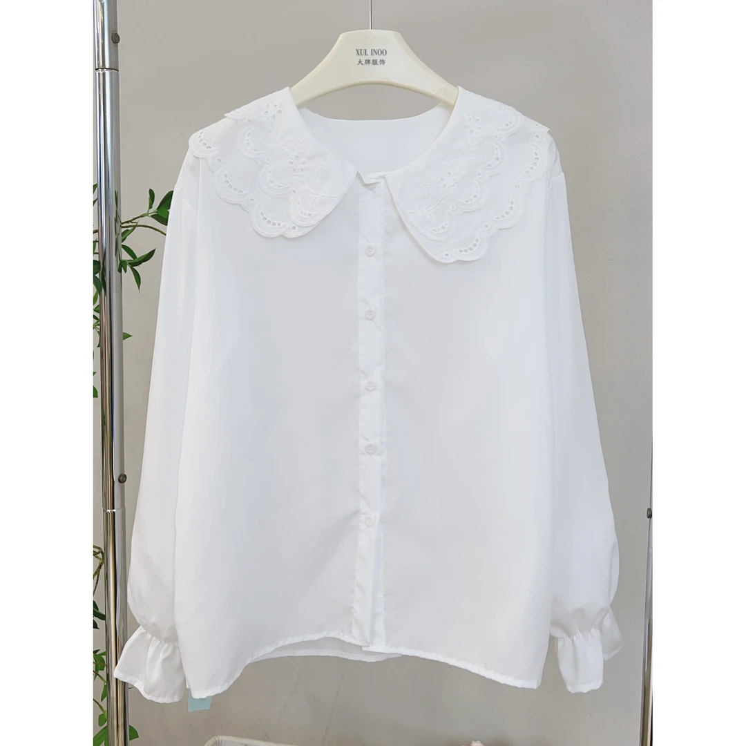 丨早秋新款白色设计感娃娃领甜美通勤风长袖衬衫 2624