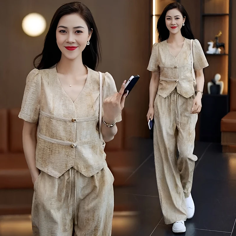 高级感时尚套装女2025年夏季新款新中式扎染气质上衣阔腿裤两件套