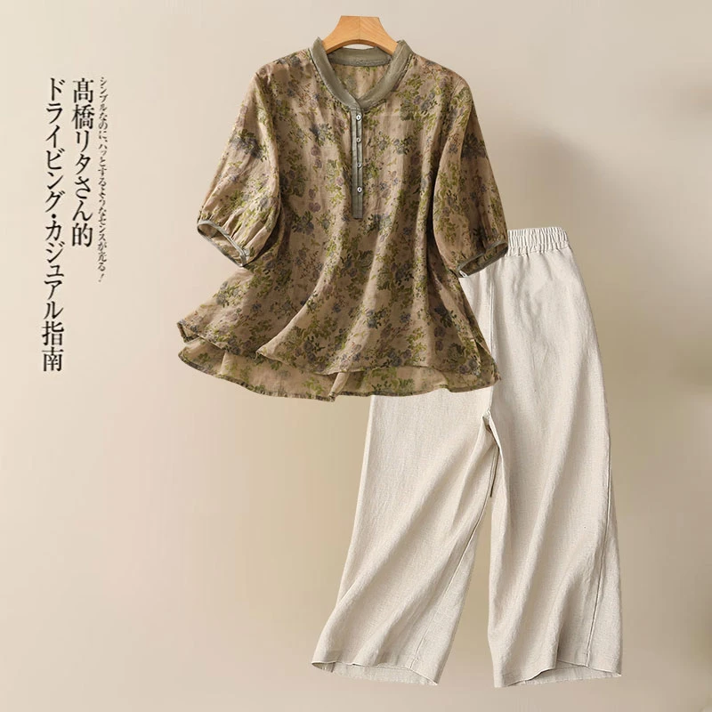 高端亚麻穿搭一整套装女士夏季大码妈妈亚麻碎花衬衫阔腿裤两件套