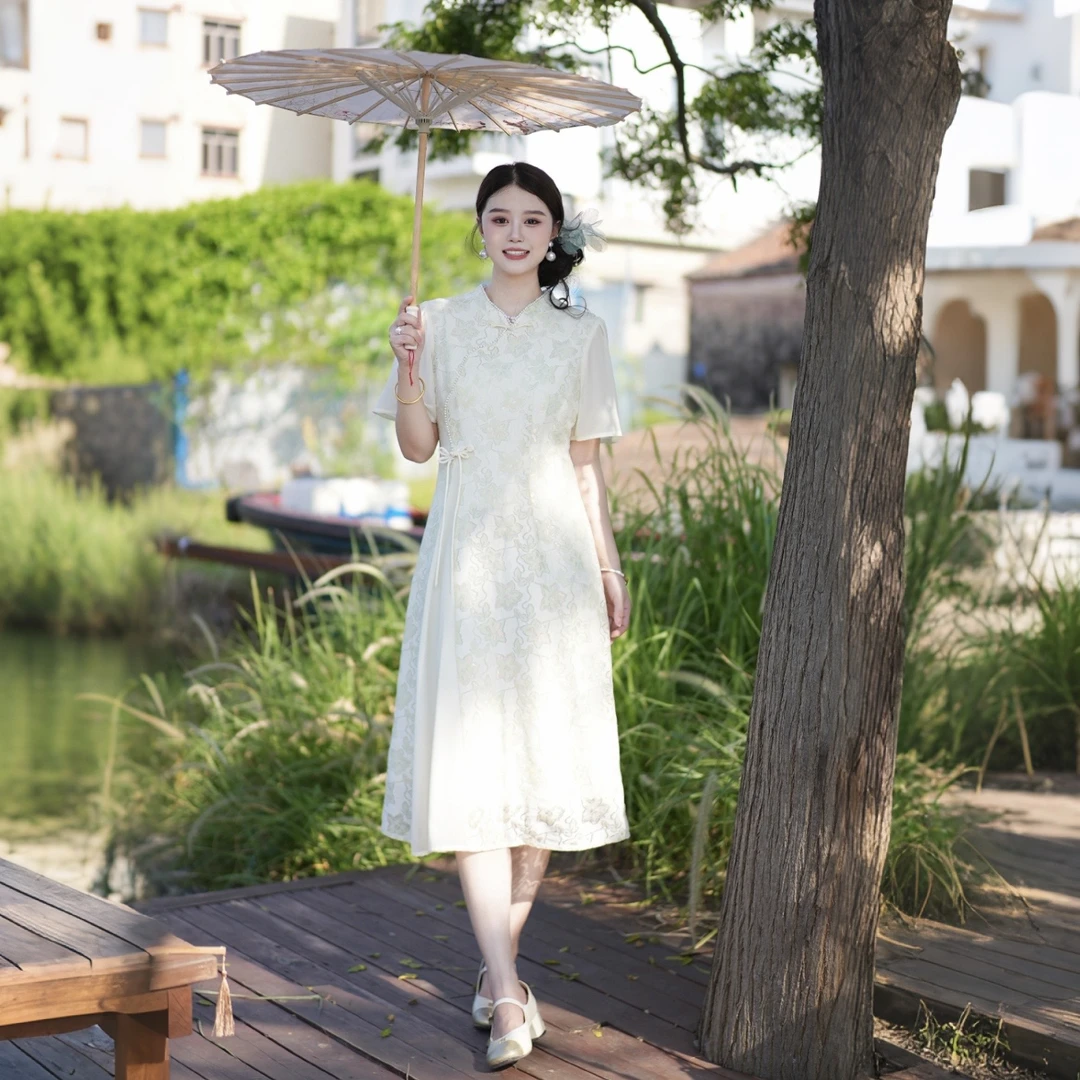 奢姿【半夏山风】2025夏季气质蕾丝小立领旗袍裙子胖妹妹时尚连衣裙