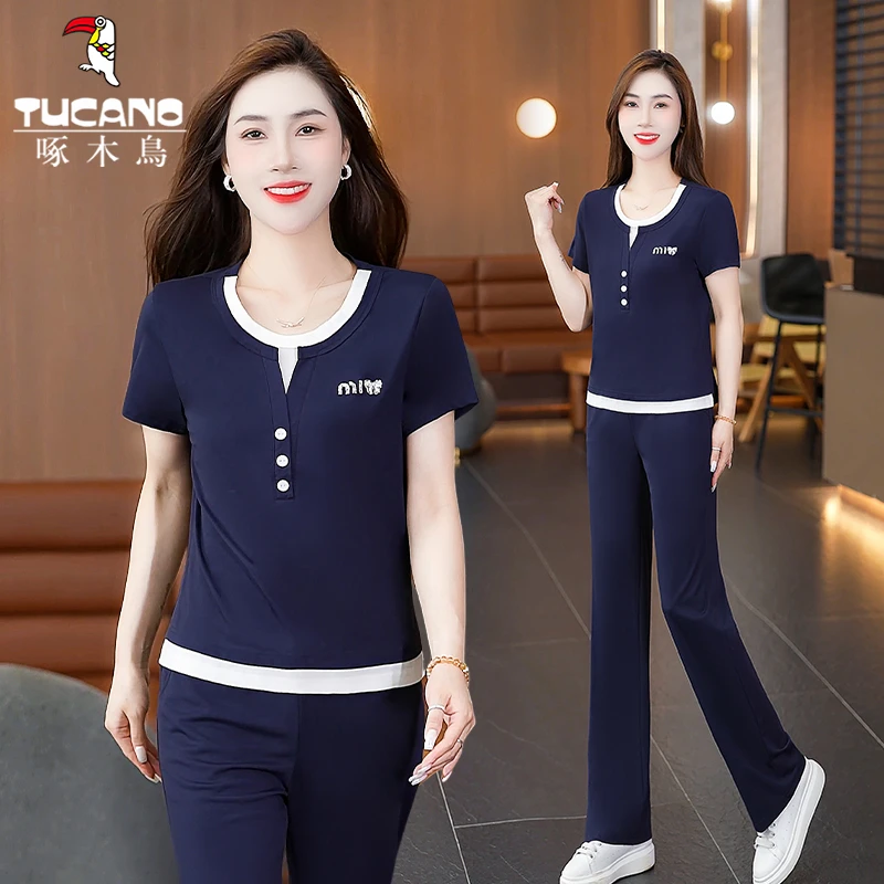 啄木鸟休闲运动套装女2025新款夏季女士假两件上衣冰丝圆领两件套