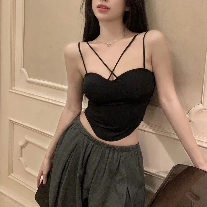 性感美背黑色背心女带胸垫一体抹胸内衣内搭显瘦打底吊带上衣薄款