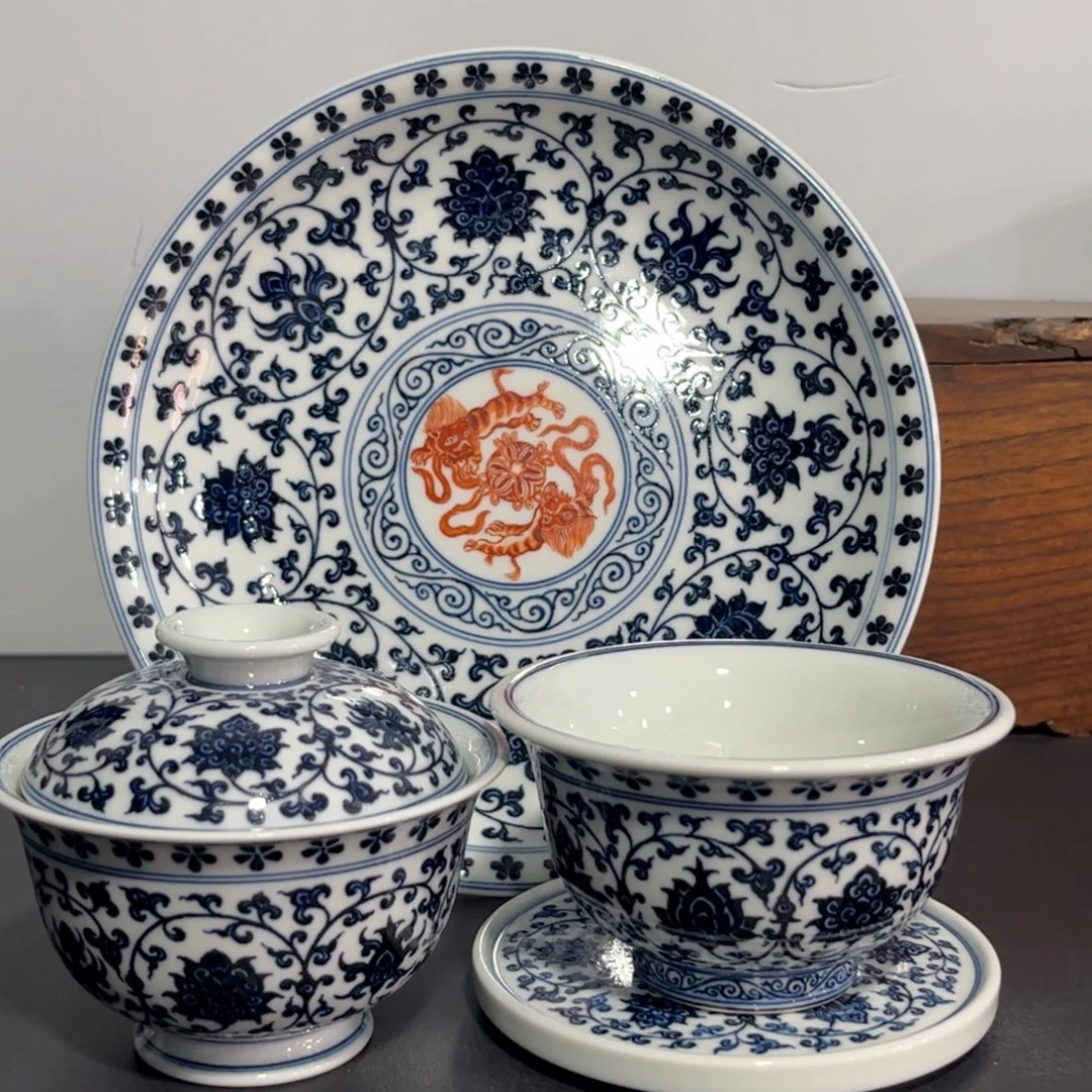 青花矾红狮子缠枝莲四件套 可拆分