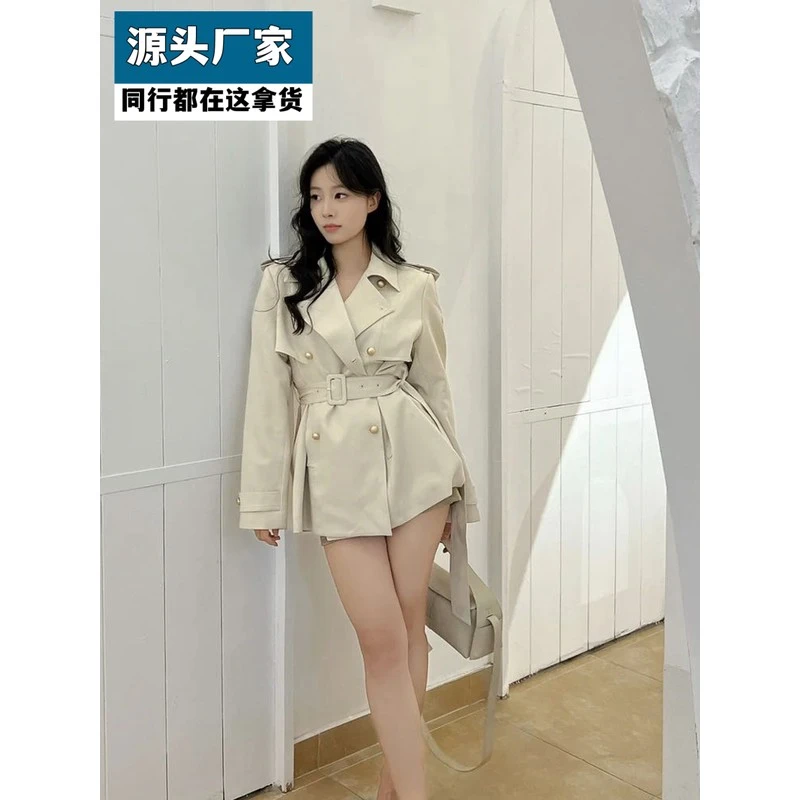梵乐芬温柔气质西装领收腰长袖外套女韩版简约通勤双排扣中长款风