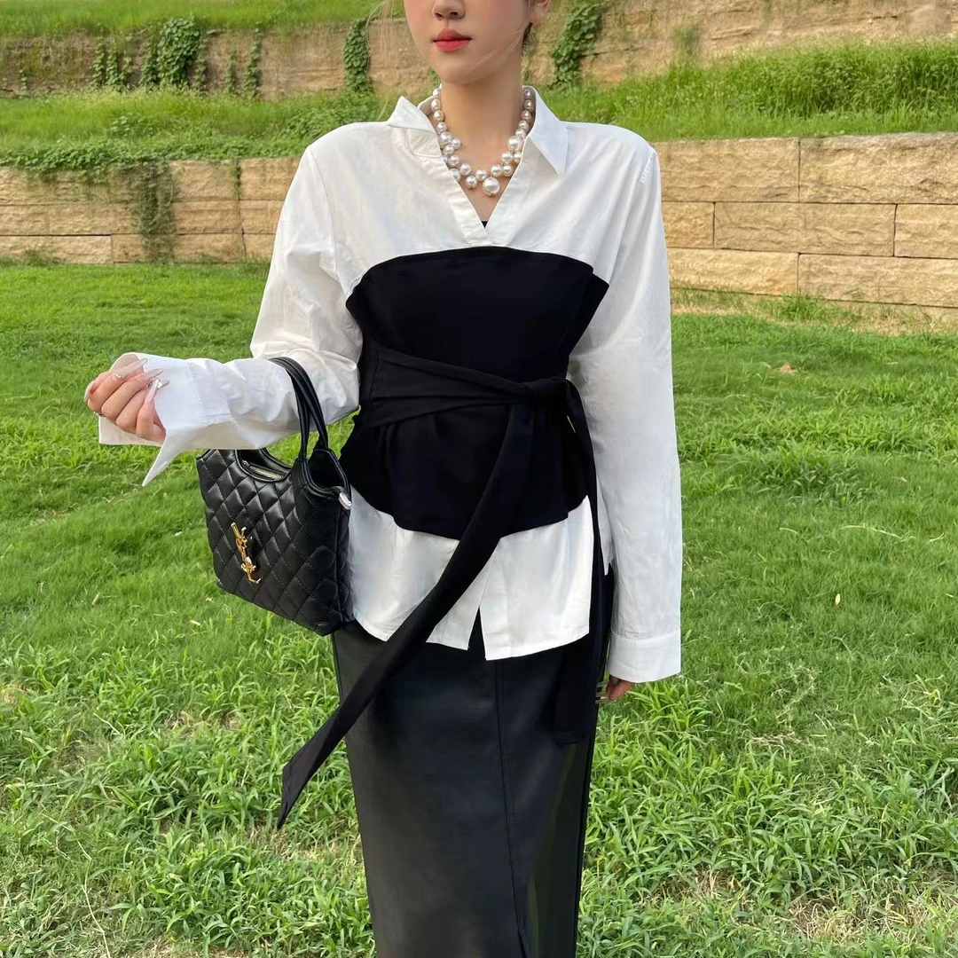 韩版秋季新品衬衫设计感翻领拼接收腰假两件长袖百搭简约衬衣