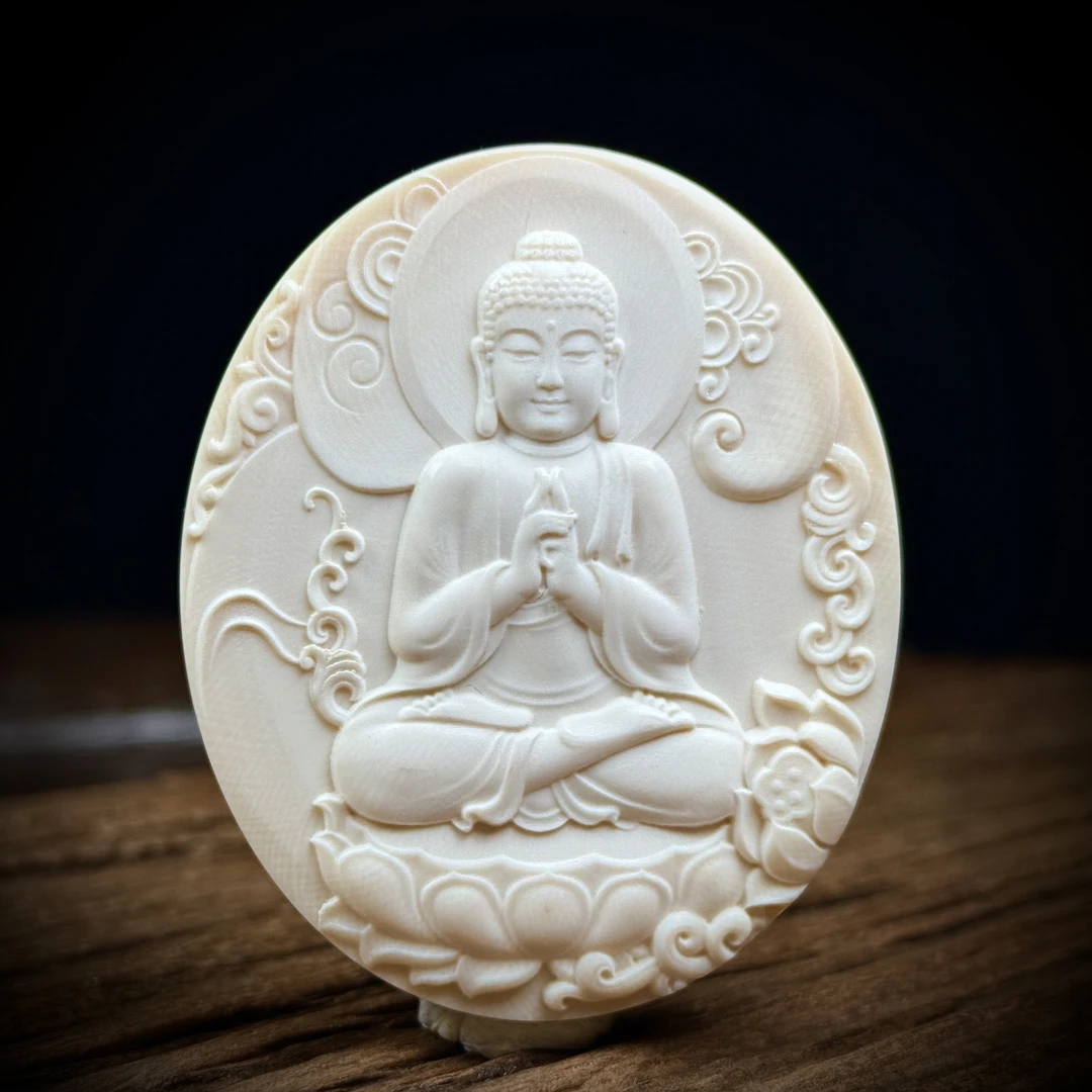 W1093天然猛犸牙 雕刻阿弥陀佛牌58*70*13mm支持鉴定 假一罚四