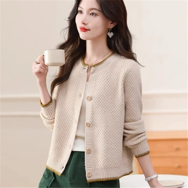 春装圆领宽松针织开衫女小个子短款外搭上衣春秋新款薄款毛衣外套