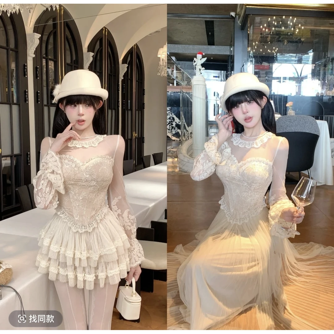 性感纯欲套装2024秋冬新款气质网纱拼接喇叭袖蕾丝上衣蓬蓬半身裙