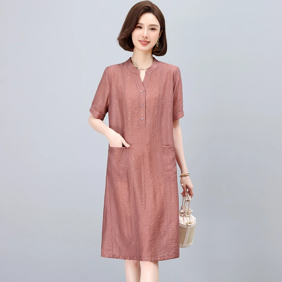 天丝提花连衣裙女2025年新款夏季小个子宽松休闲中年妈妈减龄裙子