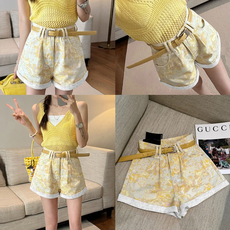 2025秋季新款韩系设计感晕染花色卷边阔腿牛仔短裤女高腰显瘦热裤