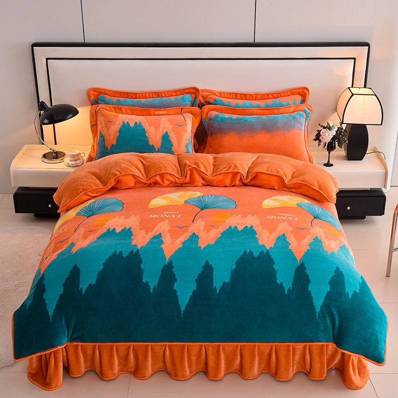 【莫奈】秋冬床裙款加绒加厚双面牛奶绒四件套床上用品枕套随机裁剪