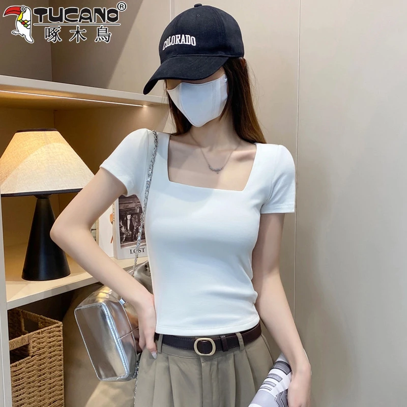 【啄木鸟】棉质方领短袖方领修身显瘦白色夏季锁骨打底新款紧身半袖