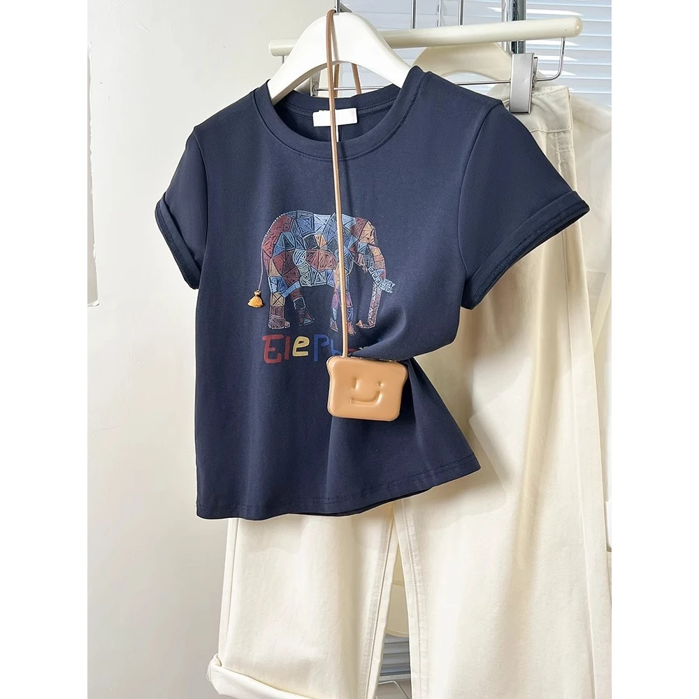 藏青色小象印花正肩短袖T恤女夏季设计感小众半袖体恤衫宽松上衣