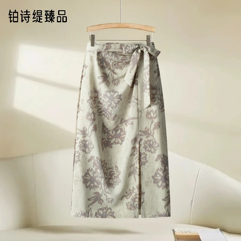 高级感印花半身裙女夏季2025新款显瘦设计感开叉包臀裙a字直筒裙