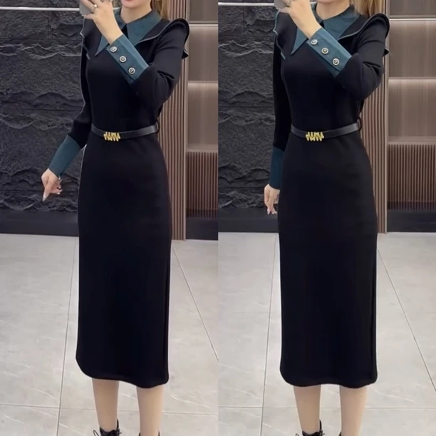 冬季新款气质显瘦收腰翻领衬衫领撞色拼接洋气百搭连衣裙25155