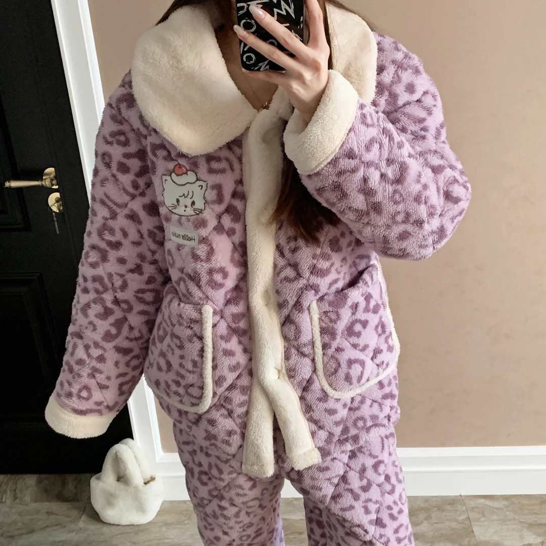 珊瑚绒睡衣女秋冬季三层夹棉大码加厚法兰绒紫豹纹套装冬天家居服