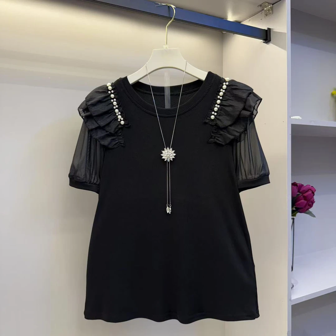 25年早春新款遮肉显瘦气质百搭时尚重工钉珠短袖