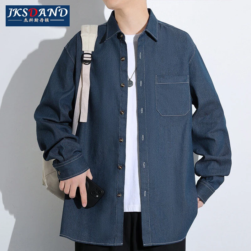 Jiekesi·dandun深蓝色牛仔衬衫男生日系宽松休闲长袖衬衣外套上衣