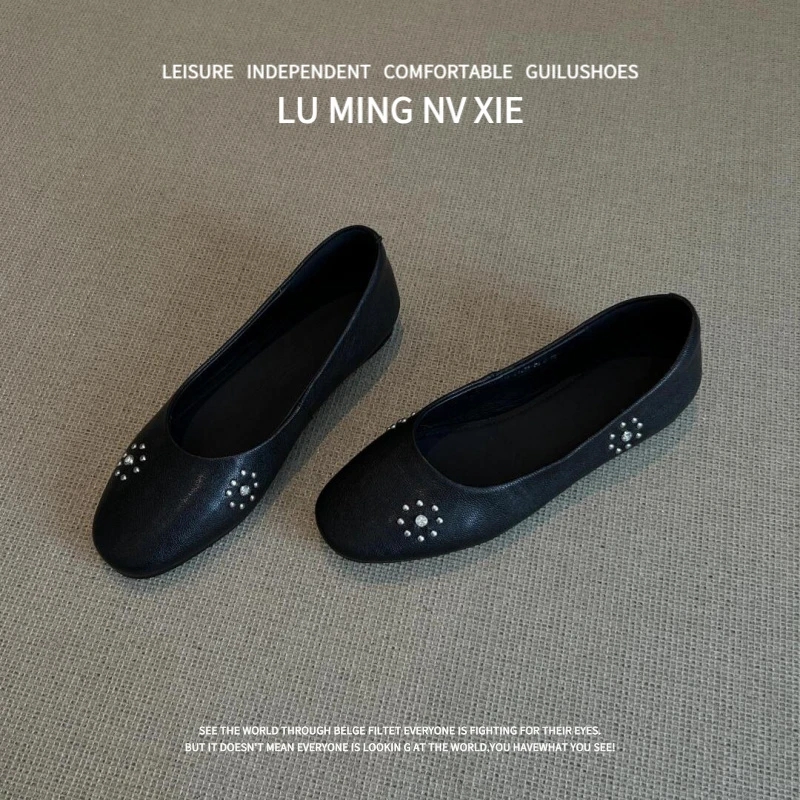 羊皮版~法式方头浅口平底单鞋女2025新款仙女风气质水钻玛丽珍鞋