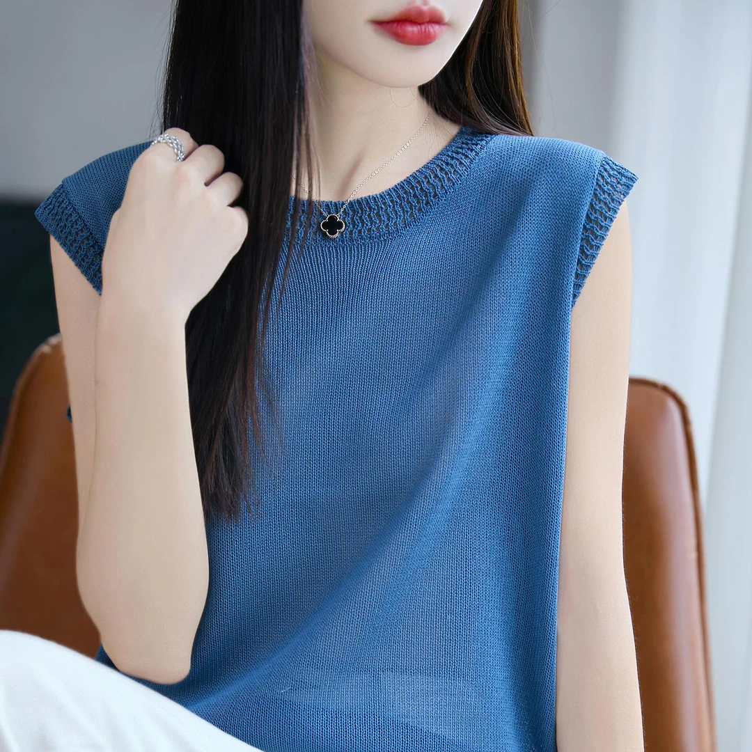杜拉妮法式圆领冰丝针织圆领背心女2025薄透气宽松显瘦小飞袖上衣