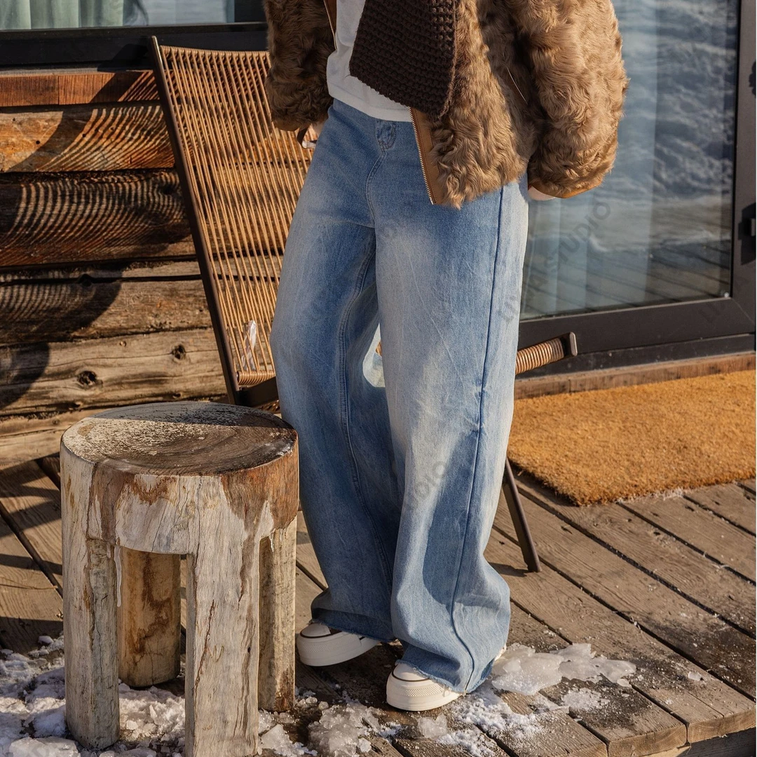 LIXIA【 流苏】设计感抓毛牛仔水洗脚口流苏设计裤-A8321