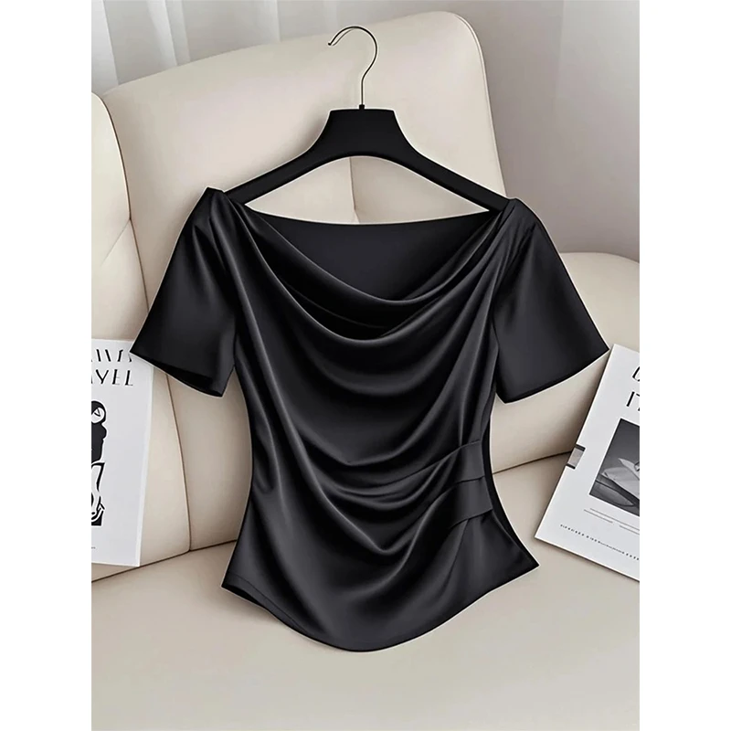 法式黑色一字肩荡领T恤女短袖高级感2025夏季新款短款掐收腰上衣