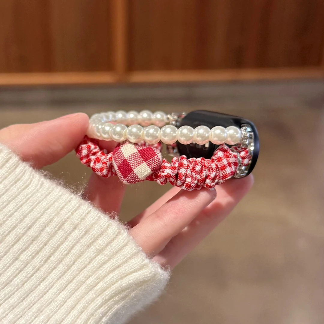 适用苹果S11华为小米10/9/8珍珠弹力iWatch发圈GT5格纹fit4手表带