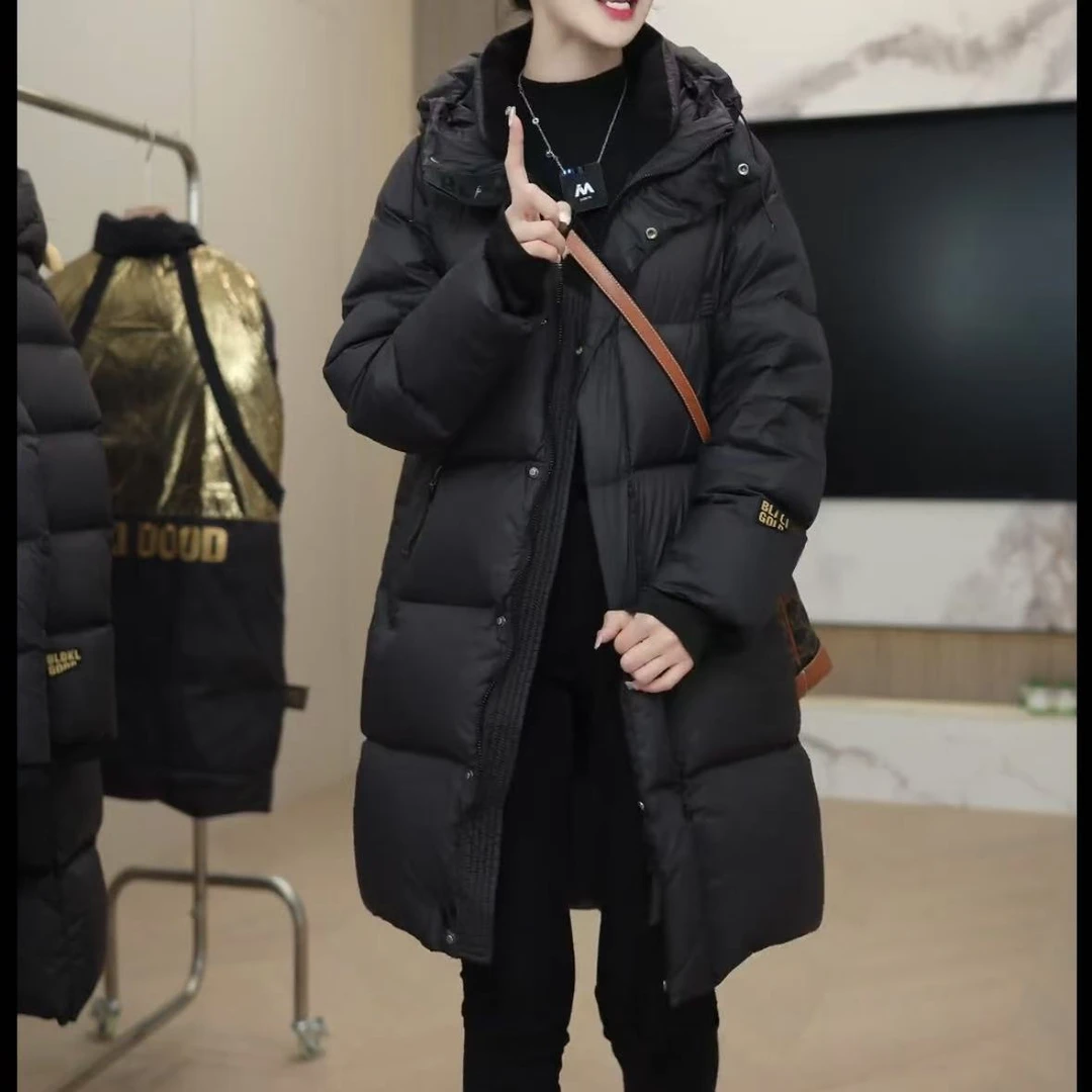 黑色百搭中长款冬季保暖外套韩版烫金加厚002