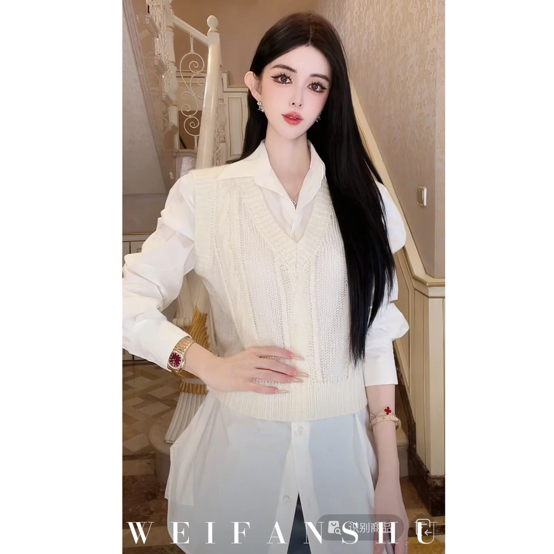 WEIFANSHU/魏凡舒【书页温度】早秋新款气质套装针织V领马甲&衬衫