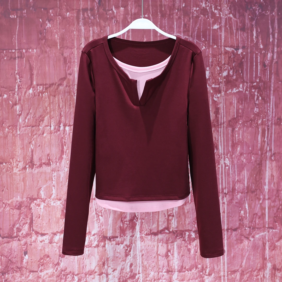 【LIANG哥女装】2025意式波尔多红撞色假两件高弹显瘦上衣6023A
