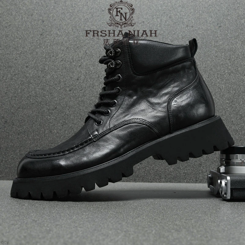 法莎尼亚全牛皮马丁靴男款2025新款高帮皮靴男真皮厚底防滑耐磨高