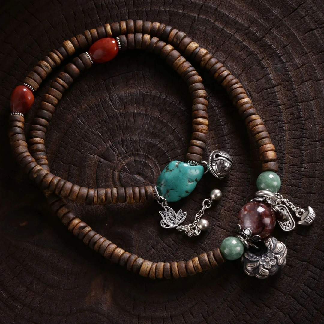 <一禅兄>S925银不规则绿松石香香隔片南红翡翠红胶花圆珠多圈手串