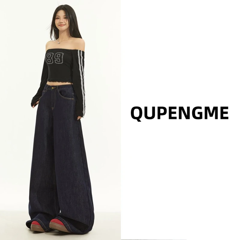 QUPENGME丹宁原色阔腿裤女2025早春新款高腰宽松大裤脚垂感牛仔裤