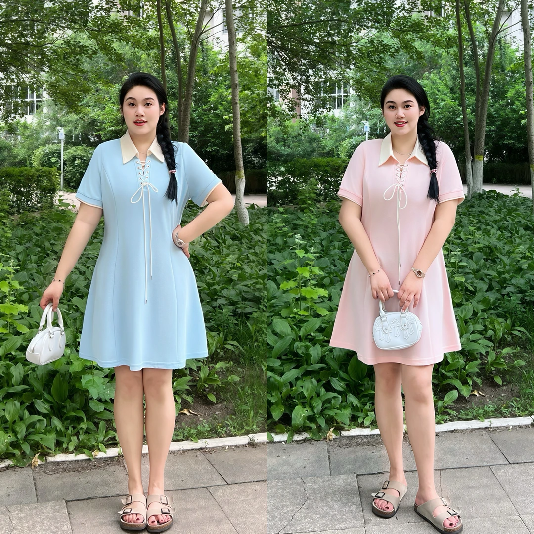 断码捡漏F蜜桃风语 / 韩系系带款POLO领连衣裙15167花契大码200斤