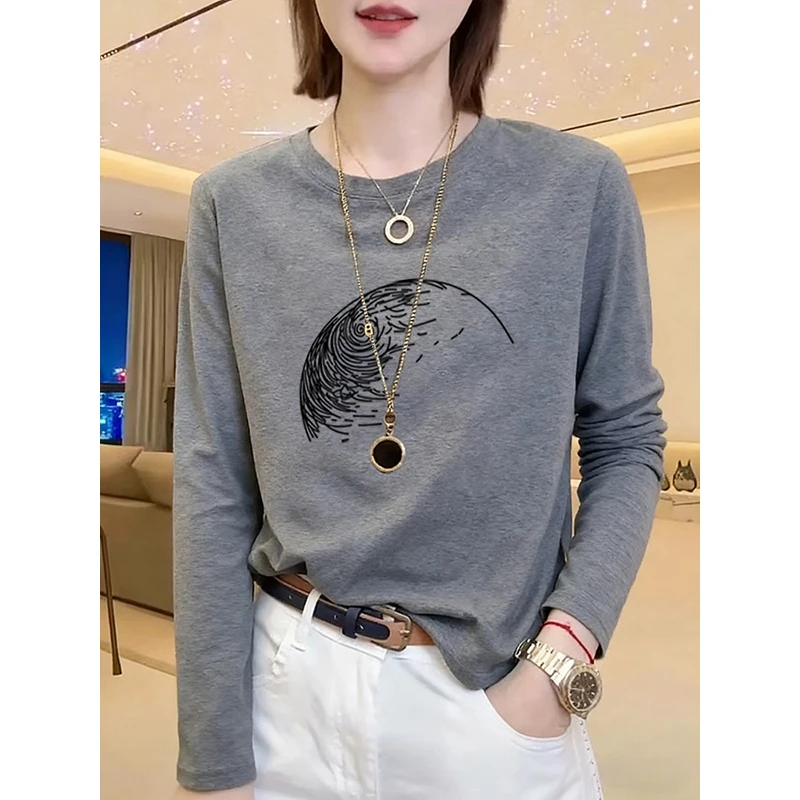 高级灰圆领正肩长袖T恤女春秋冬季新款纯棉内搭打底衫修身上衣潮