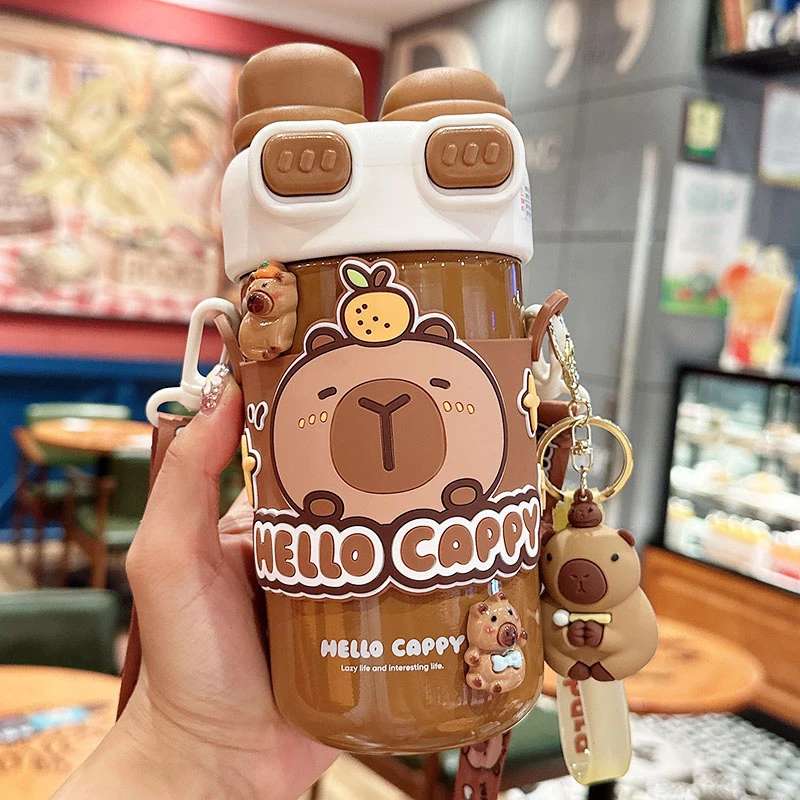 卡皮巴拉儿童保温杯女孩可爱吸管杯小学生上学专用斜挎便携双饮杯