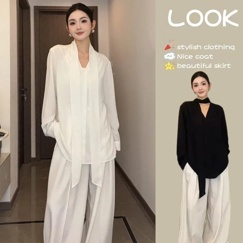 白色v领飘带衬衫夏季2025新款上衣薄款设计感衬衣高级感小衫女装