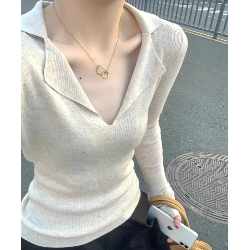法式v领老钱风长袖女正肩修身t恤2025早秋翻领冰丝针织polo衫上衣