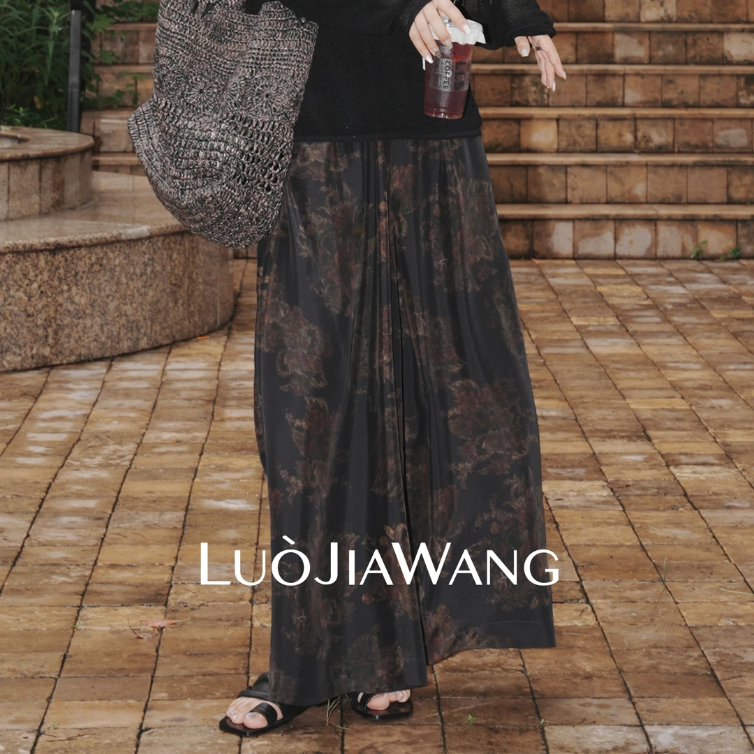 100%桑蚕丝复古花纹印花设计款休闲阔腿裤LUOJIAWANG【暗调花园】