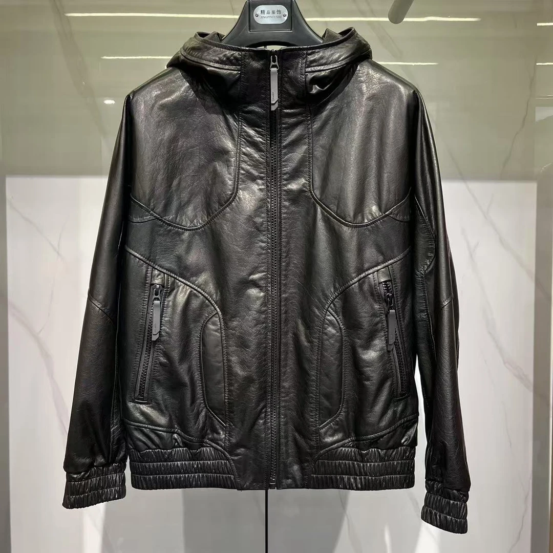 25012胎牛皮连帽男装外套