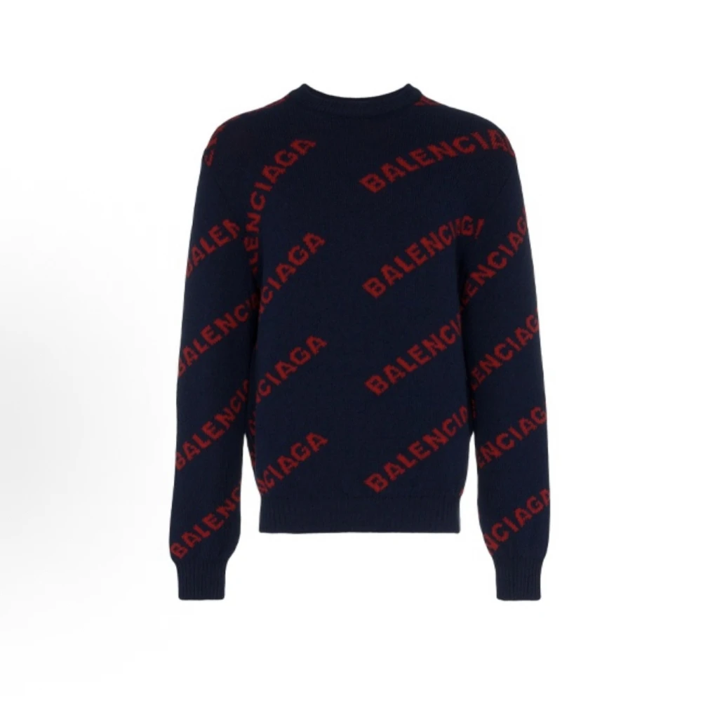 99新 Balenciaga/巴黎世家 Logo提花羊毛衫深蓝色/A04889/S码/