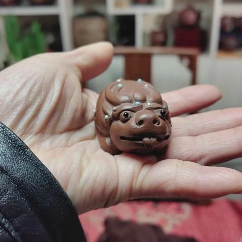 紫砂茶壶茶宠金蟾手把件手工制作
